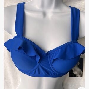 NWT Marilyn Monroe Swim Bikini Top Molded Cups Ruffle Blue Large Thick Strap